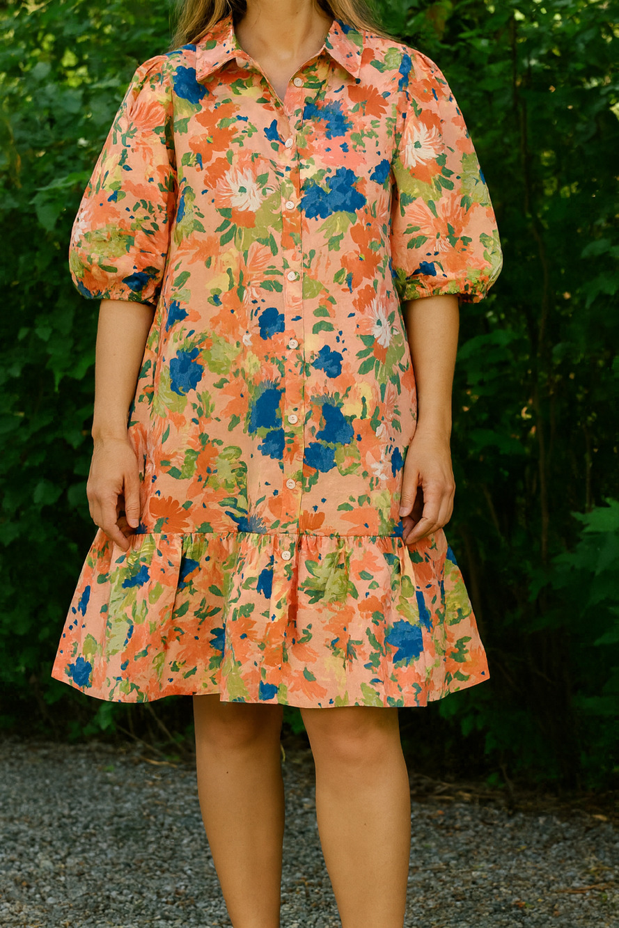 Eloquii Elements Print fit and flair , tiered Dress with Puff Sleeves, Size 22